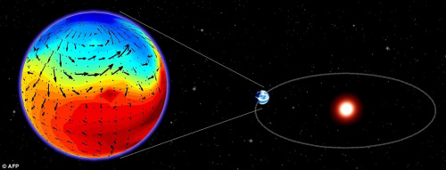 一位艺术家想象中的葛利斯581d行星右,外表称暗红色